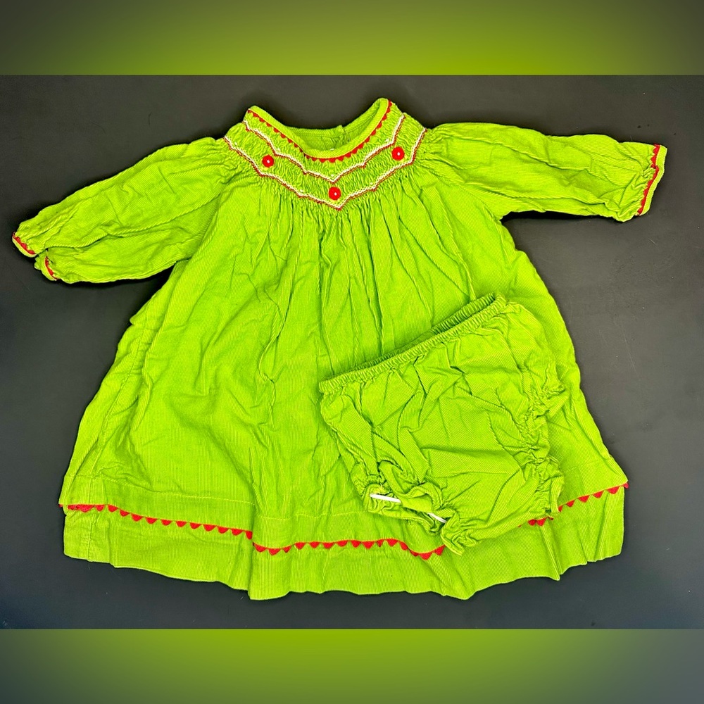 Rare Editions Green Corduroy Baby Smocked Bishop Dress with Bloomers 6-9m